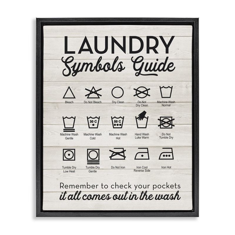 «Laundry Laundry Symbols Guide», art mural sur toile par lettrage et doublure, Cadre flottant noir de jais, H 31 po x l 25 po