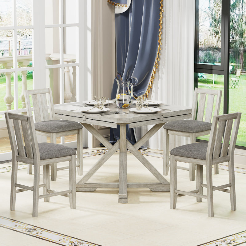 Solid Wood 4-Person Dining Set Grey Extendable Dining Table With Upholstered Padded Chairs