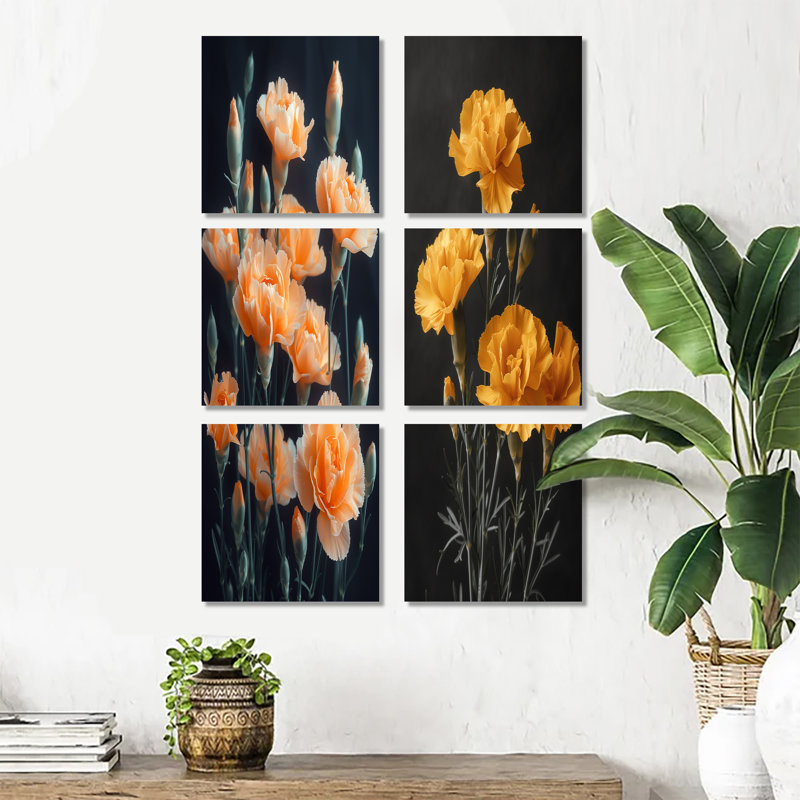 Monochromes jaunes et noirs, œillets, photo de fleurs, œillets, ensemble de salon, ensemble de 6, Toile tendue