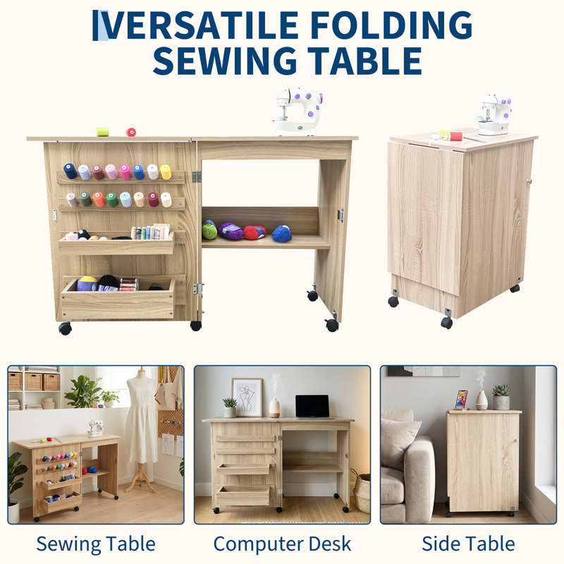 Table de couture pliante avec tablette et plateau de rangement – ​​Gain de place, roulettes verrouillables, 120 x 40 x 78 cm – Table de couture compacte pour l'organisation de votre espace de travail.