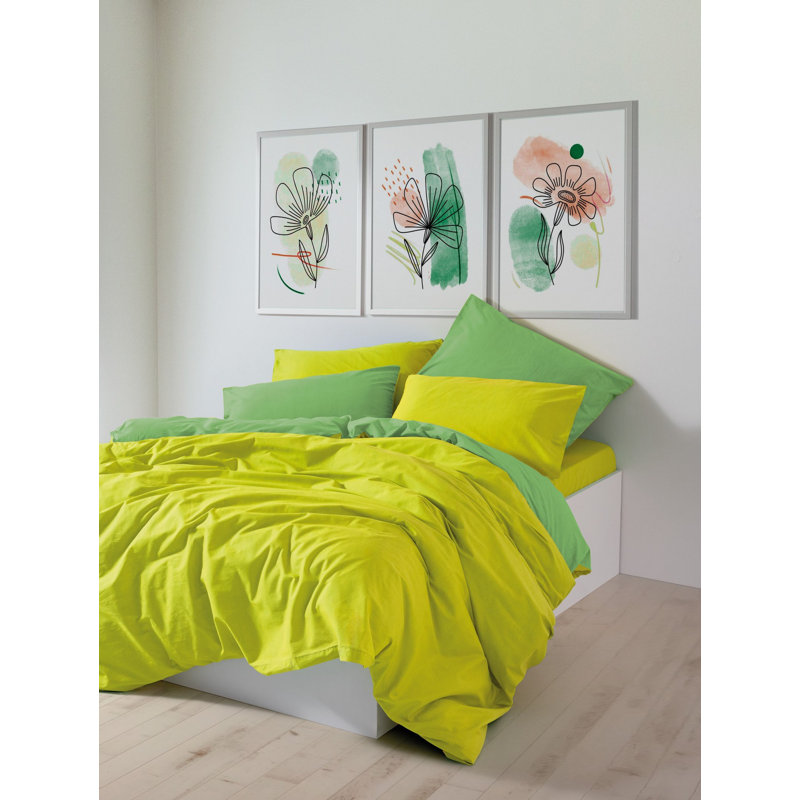 100% Cotton Ranforce Quilt Cover Set, Yellow & Green | Includes Duvet Cover (63 x 87), Fitted Sheet (39 x 79 + 11.8), & Pillowcase (19.7 x 27.6) | Reactive Printing, Machine Washable, Envelope & Button Closure