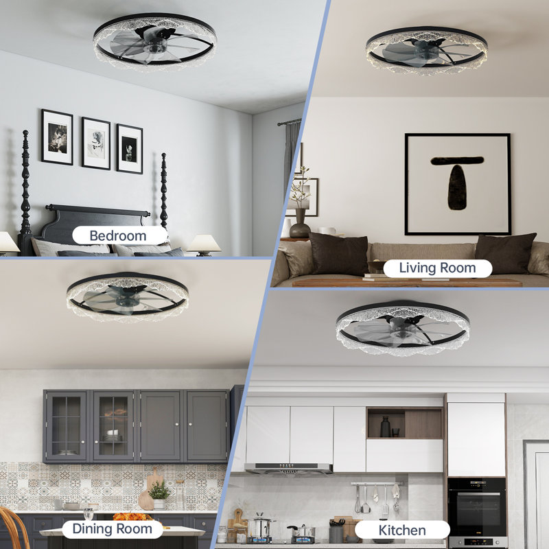 Decorative LED Ceiling Fan Light – Modern Flush Mount With Crystal-Inspired Acrylic Ring, Hidden Blades, Remote Control, And Dimmable Light For Stylish Homes (Black)