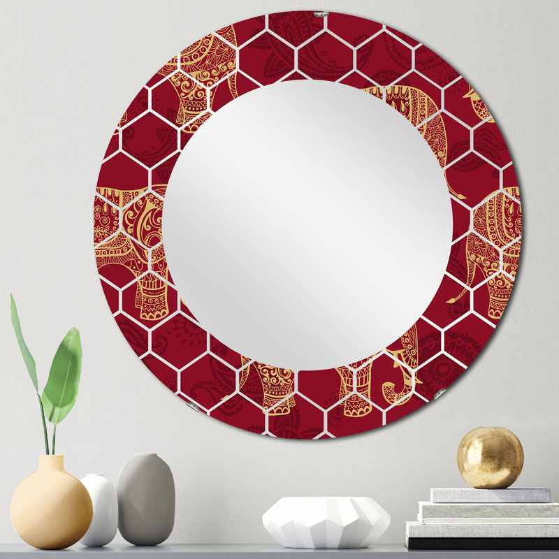 Éléphants indiens sur un miroir mural rouge - bohémien, 24 po x 24 po