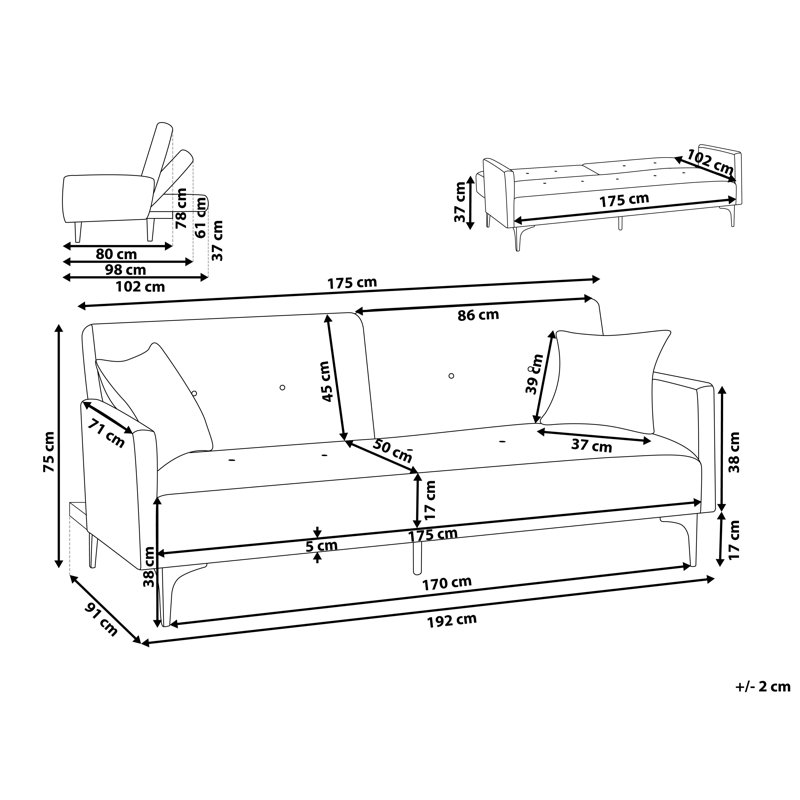 Daynna Full / Double 192cm Upholstered Convertible Sofa, White