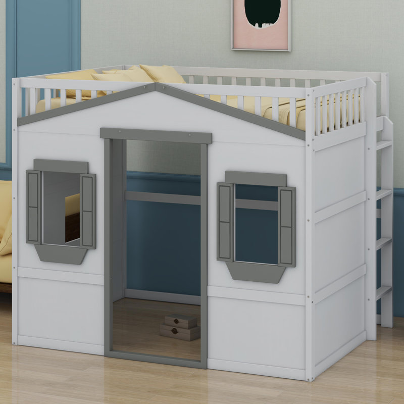 House Loft Bed With Ladder, White/Gray