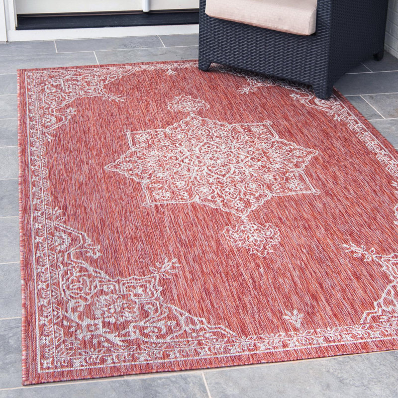 Tapis oriental intérieur / extérieur rouge / blanc Cowger, Carré 13 pi 1 po