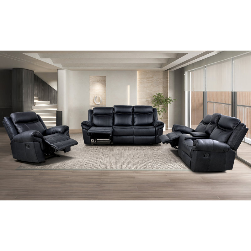 Ensemble de canapé inclinable et oscillant 3 pièces Caenas, 3 pièces: 1 canapé, 1 causeuse, 1 fauteuil, Noir