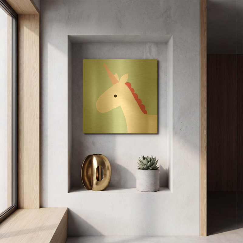 « Licorne » par Ann Kelle, tableau mural en métal doré, 30,5 x 30,5 cm, 12 po x 12 po
