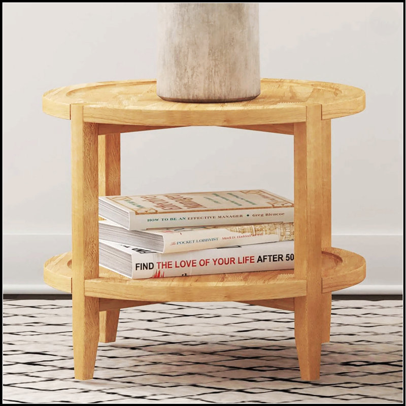 Table de bout ronde en bois avec tablette inférieure, parfaite pour les intérieurs de style campagne moderne et rustique, durable et élégante.