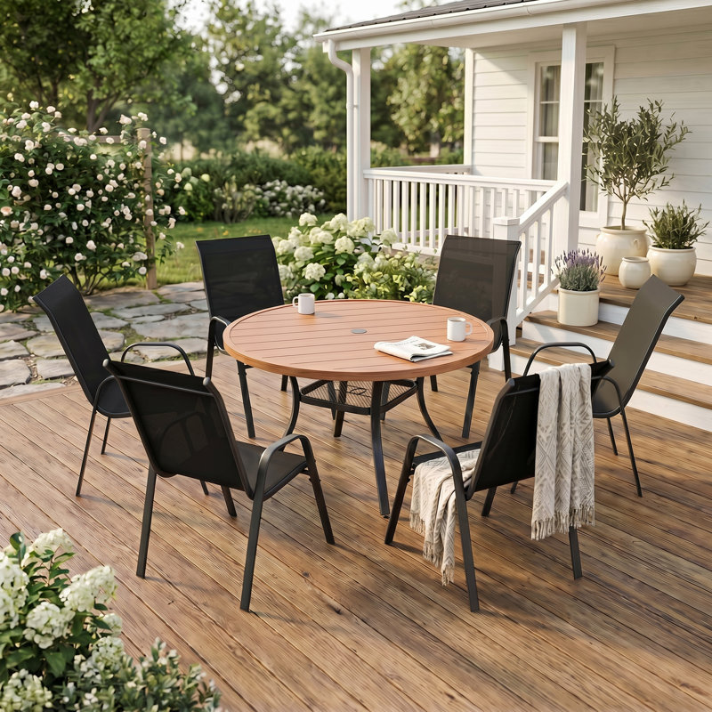 6-Person Round Patio Dining Set With Stackable Textilene Chairs, Brown/Black