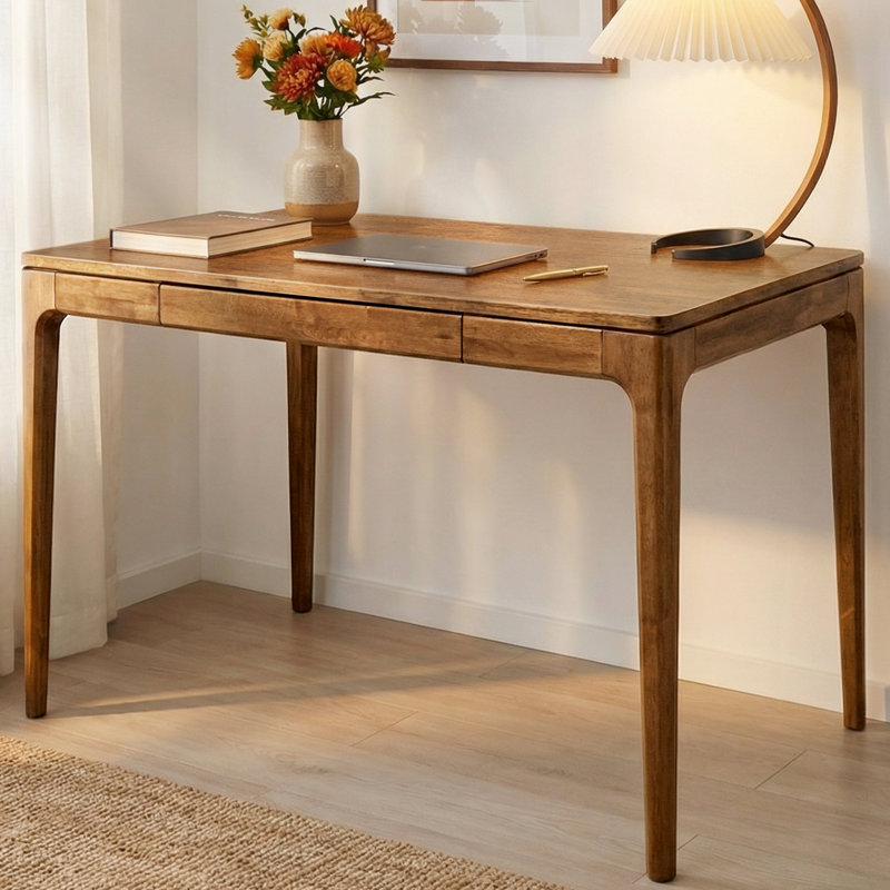ACACIA Wilma 48” Modern Writing Desk with Storage Drawer, Solid Rubber Wood Space-Saving Table for Small Dining Table for 4, Home Office Workstation, Leisure, Easy Setup - Natural Finish