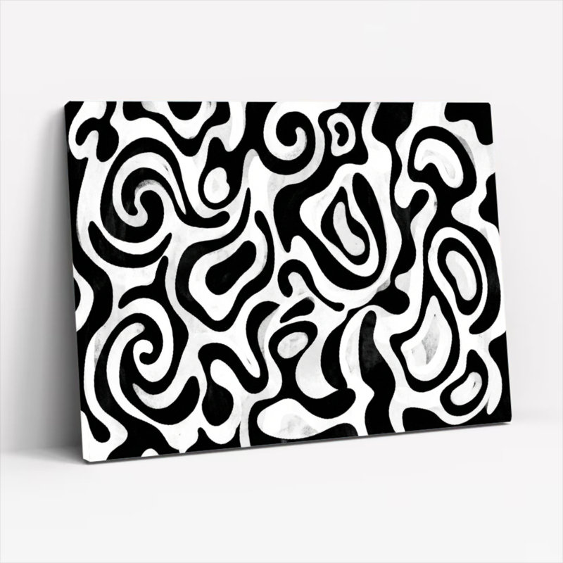Ensemble de 1 tableau sur toile à motif tourbillonnant noir et blanc abstrait, H 12 po x l 18 po