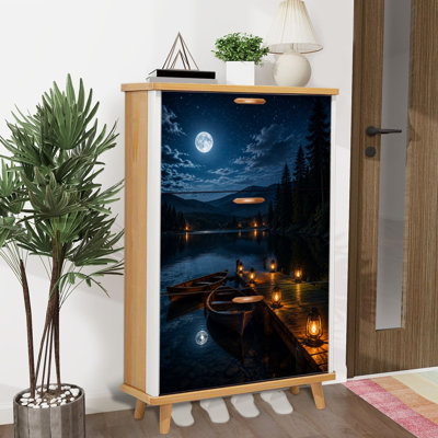 Shoe Storage Cabinet with 3 Flip Drawers for Lake Wooden Boats Lantern Lit Dock Forested Mountain Landscape Shoe Rack Storage Organizer