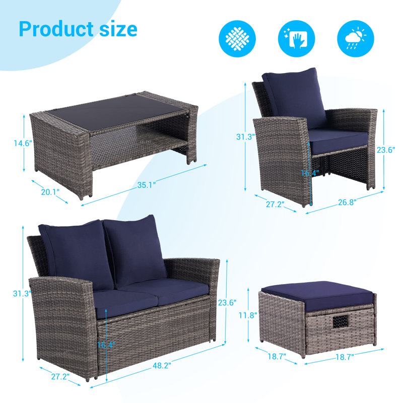 Wicker 6 - Person Patio Conversation Set, Navy Blue