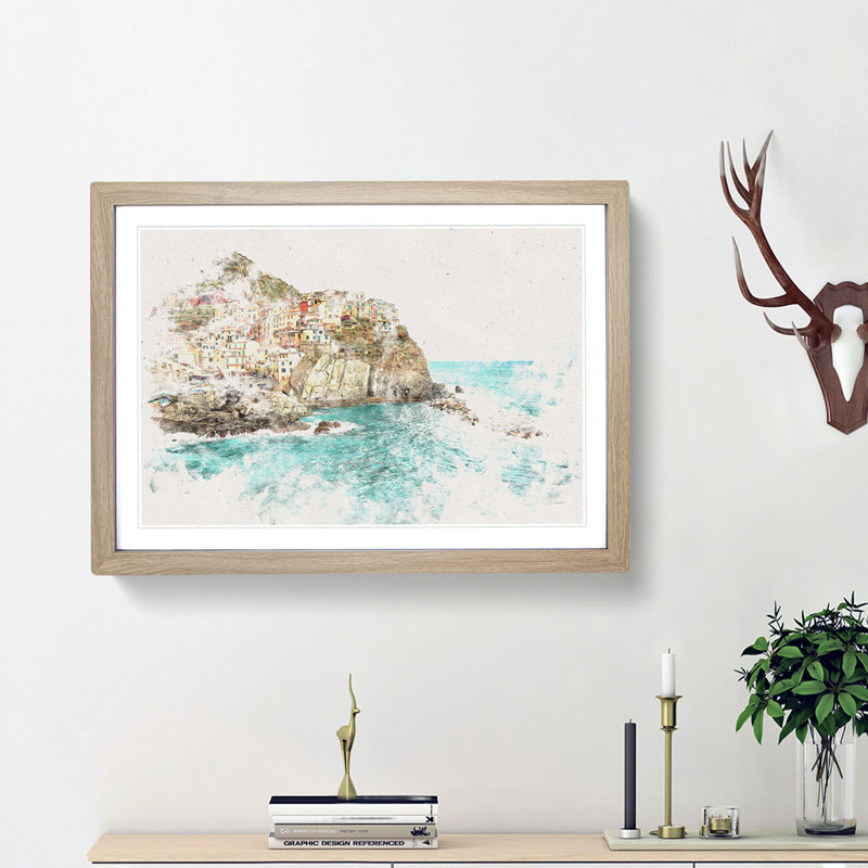 Manorolo Cinque Terre in Italy Watercolour - Picture Frame Graphic Art Print, 33cm H x 45cm W x 2cm D, Oak Framed