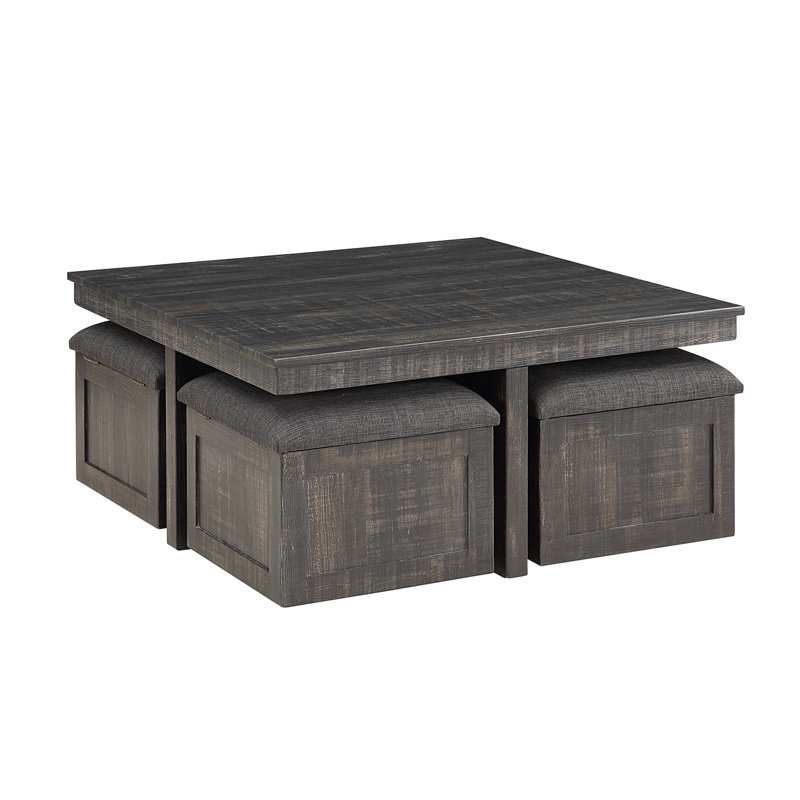 Table basse carrée avec 4 tabourets de rangement rustiques, Chêne gris