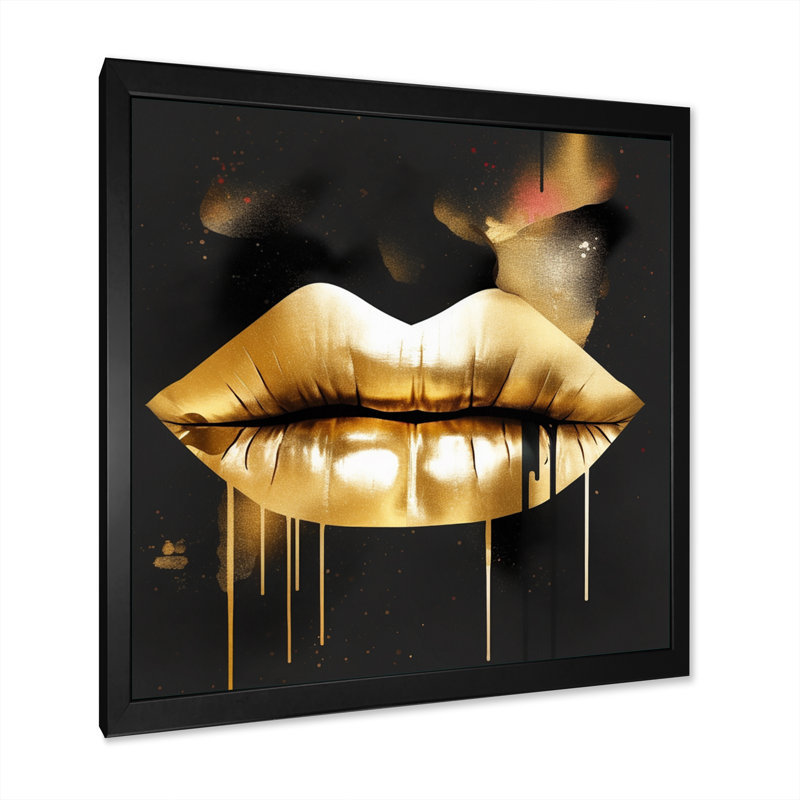 Lèvres d'or de luxe II sur toile, Cadre photo noir, H 36 po x l 36 po x P 1,5 po