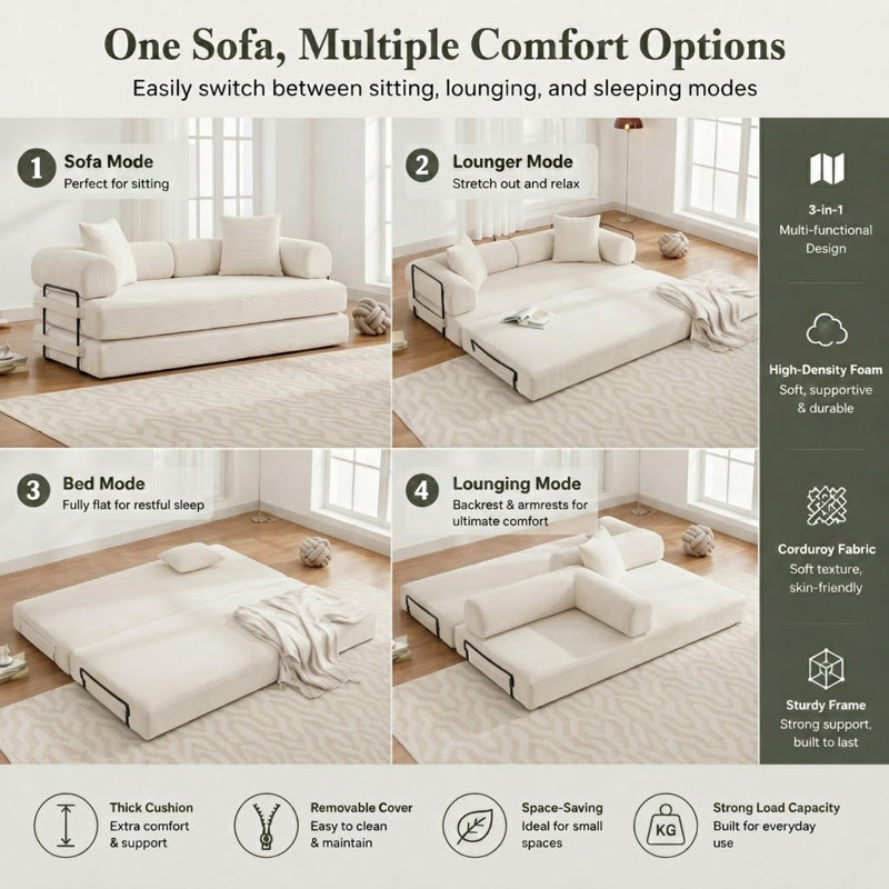 Boneless Foldable Compression Floor Sofa Bed – No Assembly, Beige Corduroy