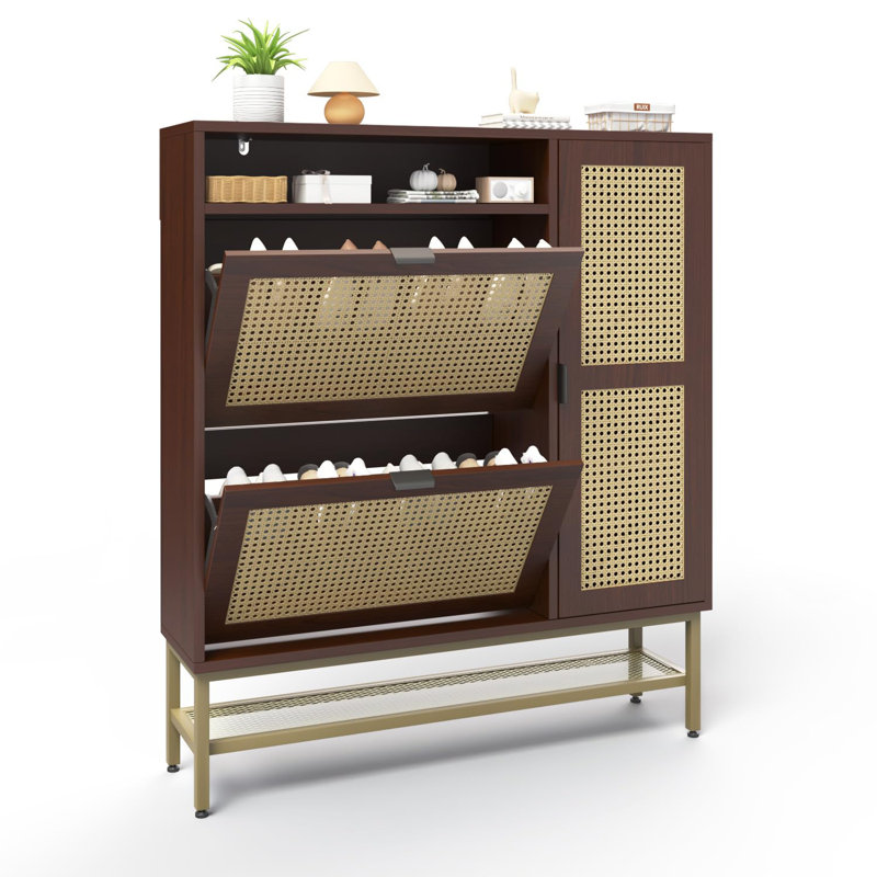 Armoire à chaussures en rotin avec 3 tiroirs rabattables, range-chaussures autoportant avec tablettes réglables, Brun