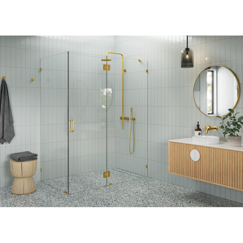 Halo 59 in. x 38 in. x 78 in. 90-degree Fully Frameless Glass Hinged Shower Enclosure, Satin Brass