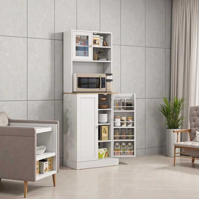 66.5" White Freestanding Pantry Cabinet with Microwave Stand, Adjustable Shelves & Hutch Storage