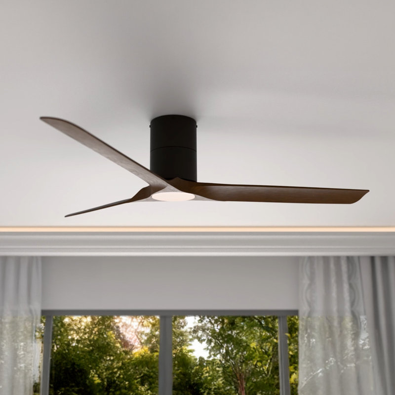 Delta 52in 3-Blade Smart Flush Mount Ceiling Fan 2700K-6000K CCT Tunable Range LED Light Kit with Black Hardware in Walnut Blades Works With iOS or Android App
