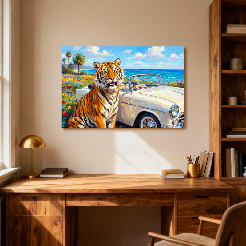 Animaux, tigre à côté d'une voiture classique, scène de plage, H 16 po x l 24 po