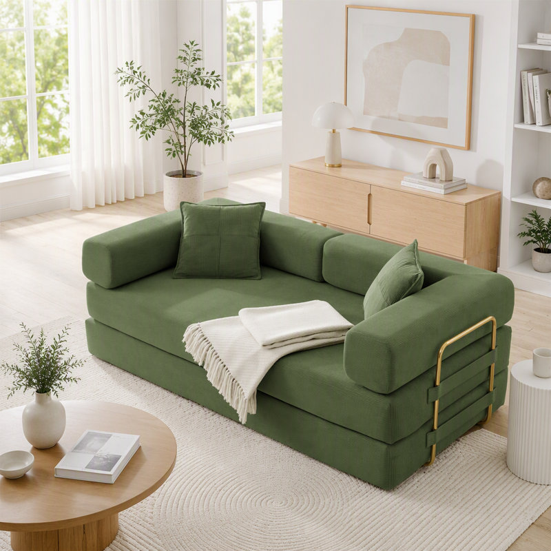 Canapé-lit modulaire en velours côtelé avec accoudoirs mobiles et sans assemblage, Velours côtelé vert, Vert