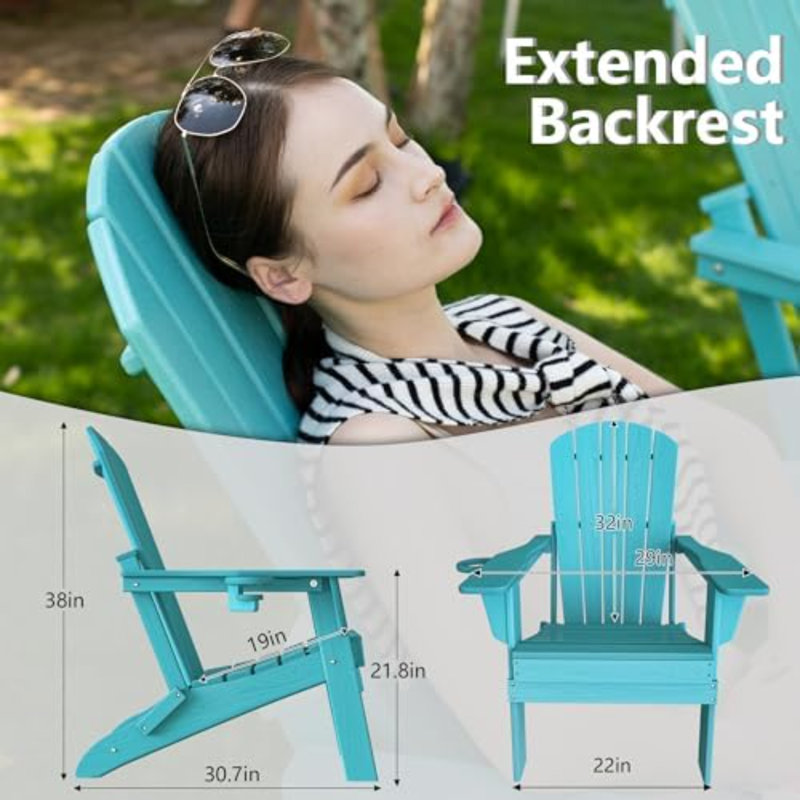 Folding Adirondack Chair, SGS Tested, Wooden Textured With Cup Holder, Heavy All-Weather HDPE Comfortable Set Poolside Backyard Lawn Aruba Blue Set 2
