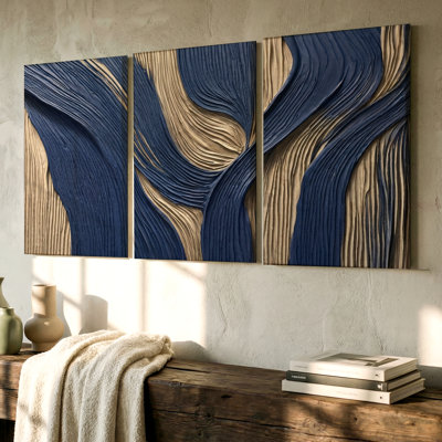 3 Pieces Abstract Blue and Beige Textured Large Wall Art for Contemporary Decor, Three Pieces Wall Art for Living Room, Bedroom, and Office Decor