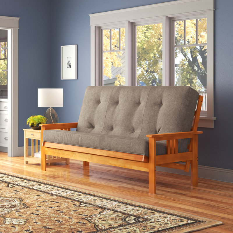 Johnte Queen 86" Futon Frame and Mattress, Butternut, Linen Stone, Premium Pocket Coil