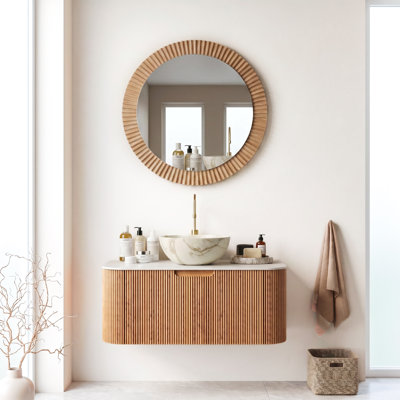 Meuble-lavabo mural simple 36 po x l 18 po x H 34 po à grain de bois naturel avec vasque en céramique blanc mat et plateau en pierre frittée blanc de Carrare