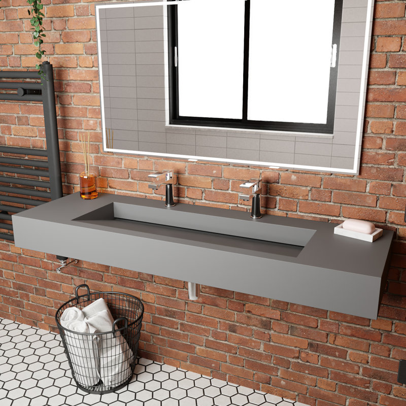 Lavabo de salle de bain mural rectangulaire 72 po Pyramid, Gris, 2 trous de robinet