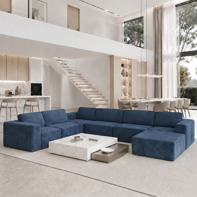 Modular Oversized 404cm 6-seater L-shaped Boneless Corduroy Sofa, No Assembly Required, Blue, Left Hand Facing