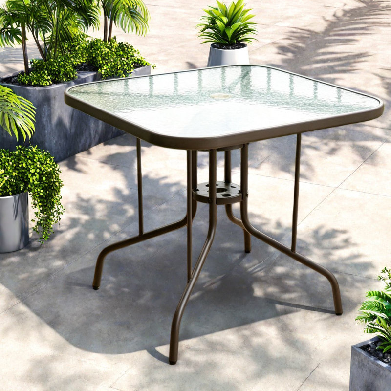 Tables de patio robustes, plateau en verre de 35 po en acier, salle à manger d'extérieur moderne