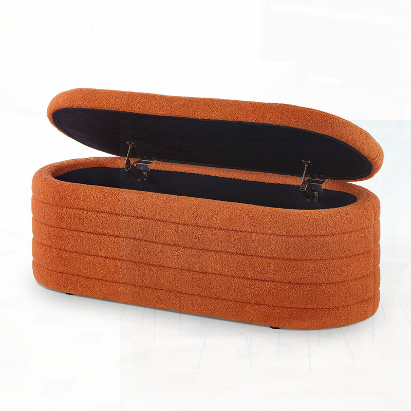 Modern Oval Storage Ottoman Bench, Upholstered Boucle Teddy Fabric with Hidden Compartment for Extra Seating and Storage