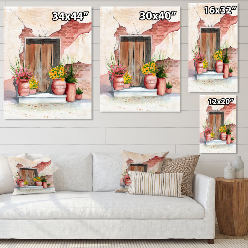 Vieille porte en bois, mur de briques et quelques plantes I - reproduction sur toile, H 44 po x l 34 po, Toile tendue