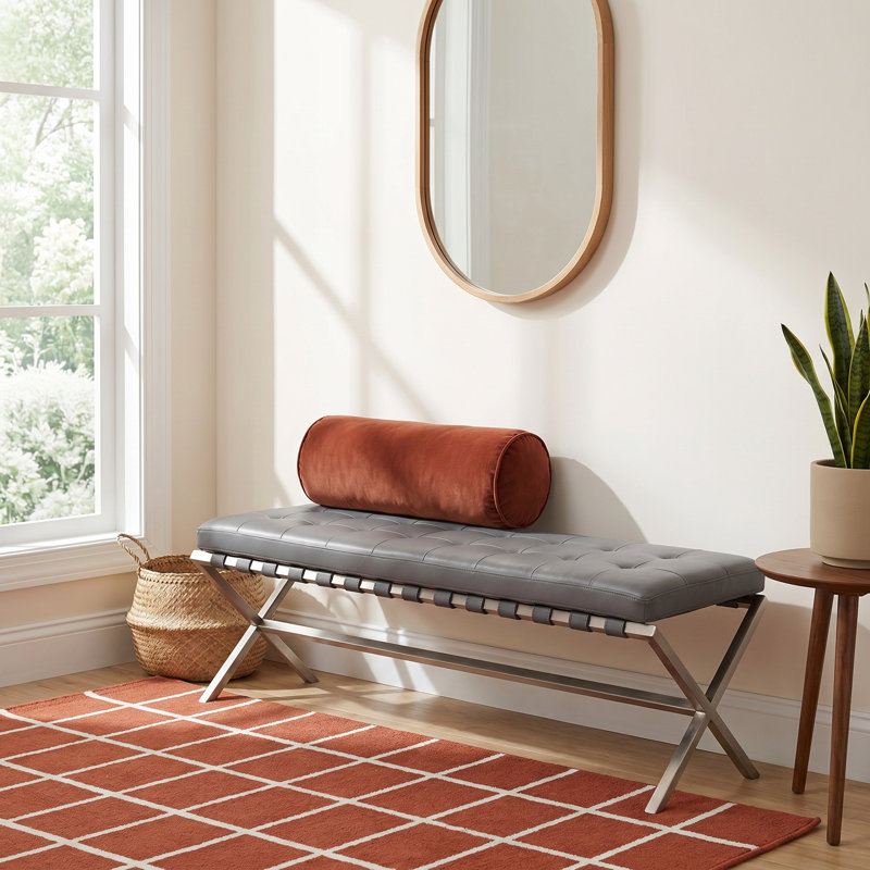 Canton 56" Vegan Leather Bench, Gray/Brushed Stainless Steel Base