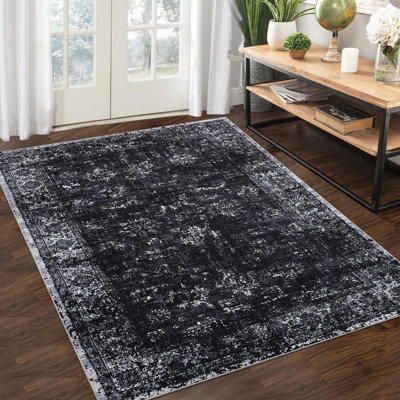 Carpettes de 9 x 12 po pour le salon, tapis antidérapant antidérapant rétro, tapis résistant aux taches pour la salle à manger, bureau à domicile, noir