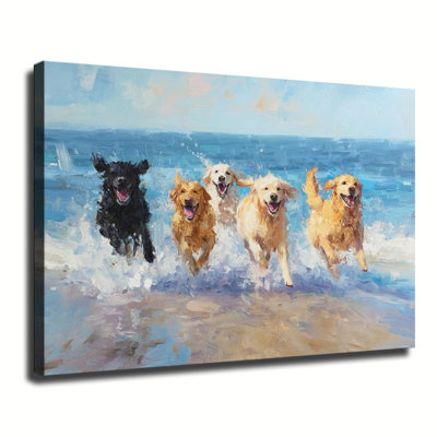 Happy Dogs Running On Beach Seaside Impressionist Painting, Large Gallery Wrapped Canvas Wall Art Print For Living Room Bedroom
