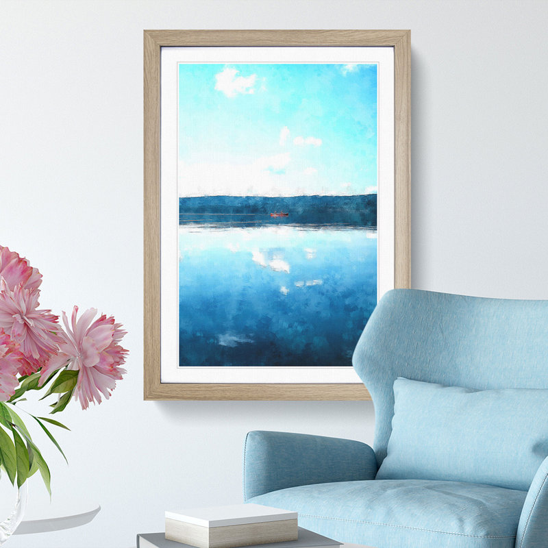 Red Kayak on a Lake in Sweden 1 Piece Single Picture Frame Wall Art on MDF, 45cm H x 33cm W x 2cm D, Oak Framed