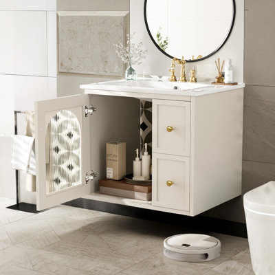 24" Wall-Mounted Bathroom Vanity with Ceramic Sink, 2 Drawers, Soft-Close Door