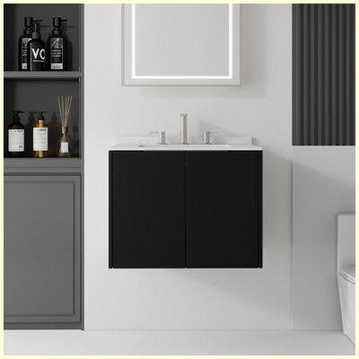 Ensemble de 24 meubles-lavabos flottants pour salle de bain avec lavabo, comptoir et dosseret en marbre de culture blanc de 0,6 po Carrara, porte à fermeture en contreplaqué, noir