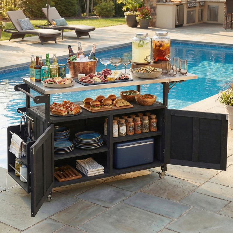 Îlot de cuisine pliable 60,6 po avec plateau en acier inoxydable - Chariot de préparation de barbecue mobile avec armoire de rangement et porte-serviettes - Cadre en bois massif - Noir