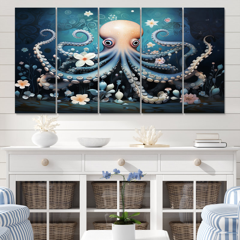 Ethereal Octopus In Deep See Illustration I - Décoration murale pieuvre animaux - 5 panneaux égaux
