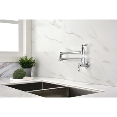 Brass Wall Mounted Pot Filler Faucet - Arm For Reaching Pots Easily, Double Handles Precise Water Regulation, Coating Mount - Brass, Convenient Filling, Optimal Control, Splash- Aerator Feature
