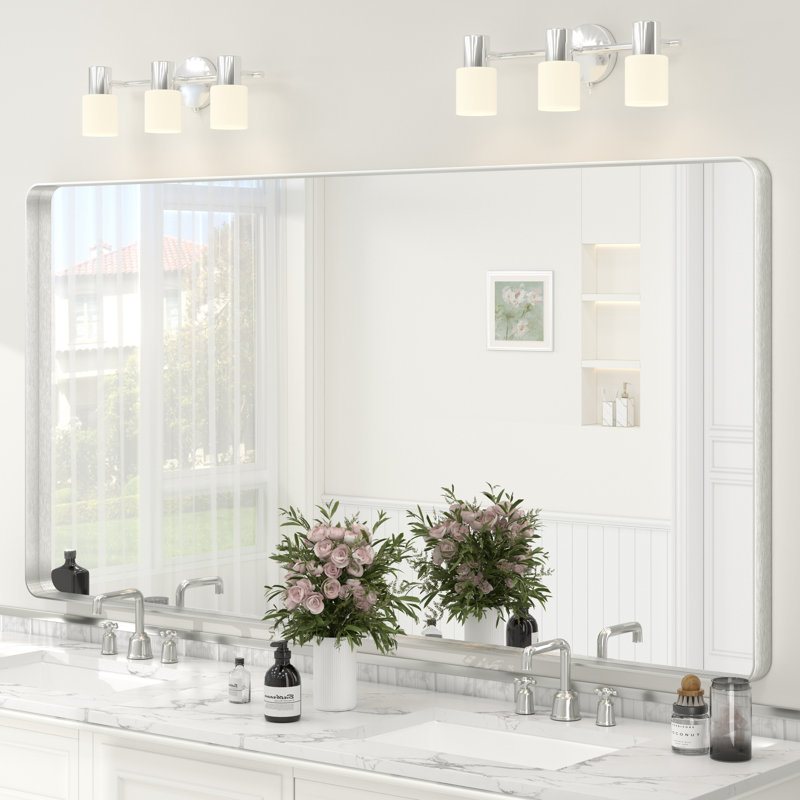 Molly Tempered Glass and Metal Framed French Cleat Mounted Wall Bathroom / Vanity Mirror, 72" x 36", Silver