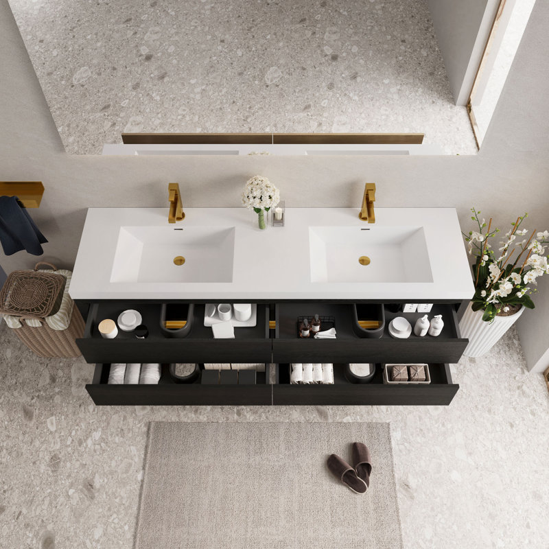 Meuble-lavabo mural 72 po avec lavabo, armoire de rangement flottante avec comptoir en résine de pierre et tiroirs à fermeture en douceur entièrement assemblés