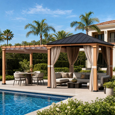 Sunnyside 10 ft.x 20 ft. Hard Top Patio Gazebo with Privacy Curtains Galvanized Steel Roof,Extend Pavilion Pergola with Textilene Sling Shade Canopy