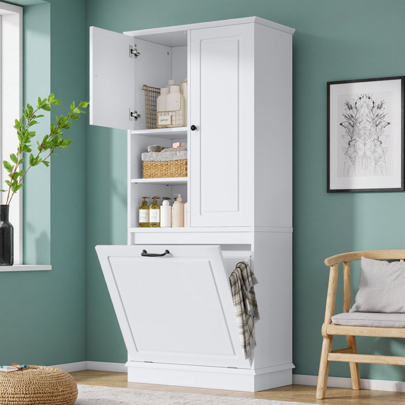 Tall Storage Cabinet with Adjustable Shelves - Large Flip-Out Basket & Enclosed Cabinets, White